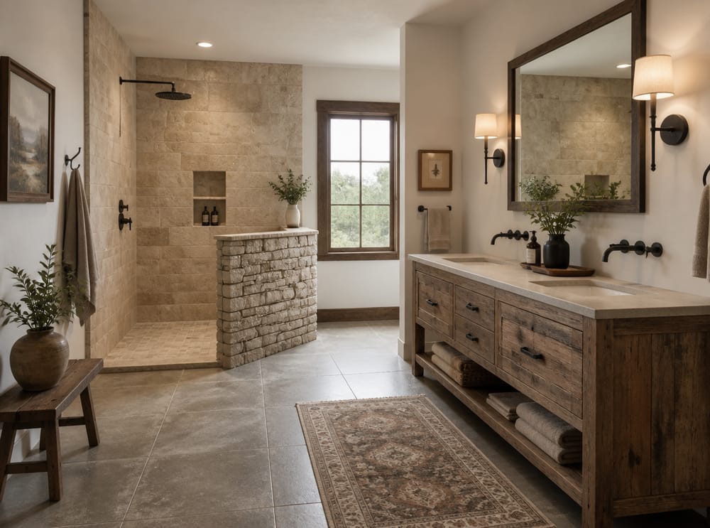 Open limestone shower with stacked stone half-wall