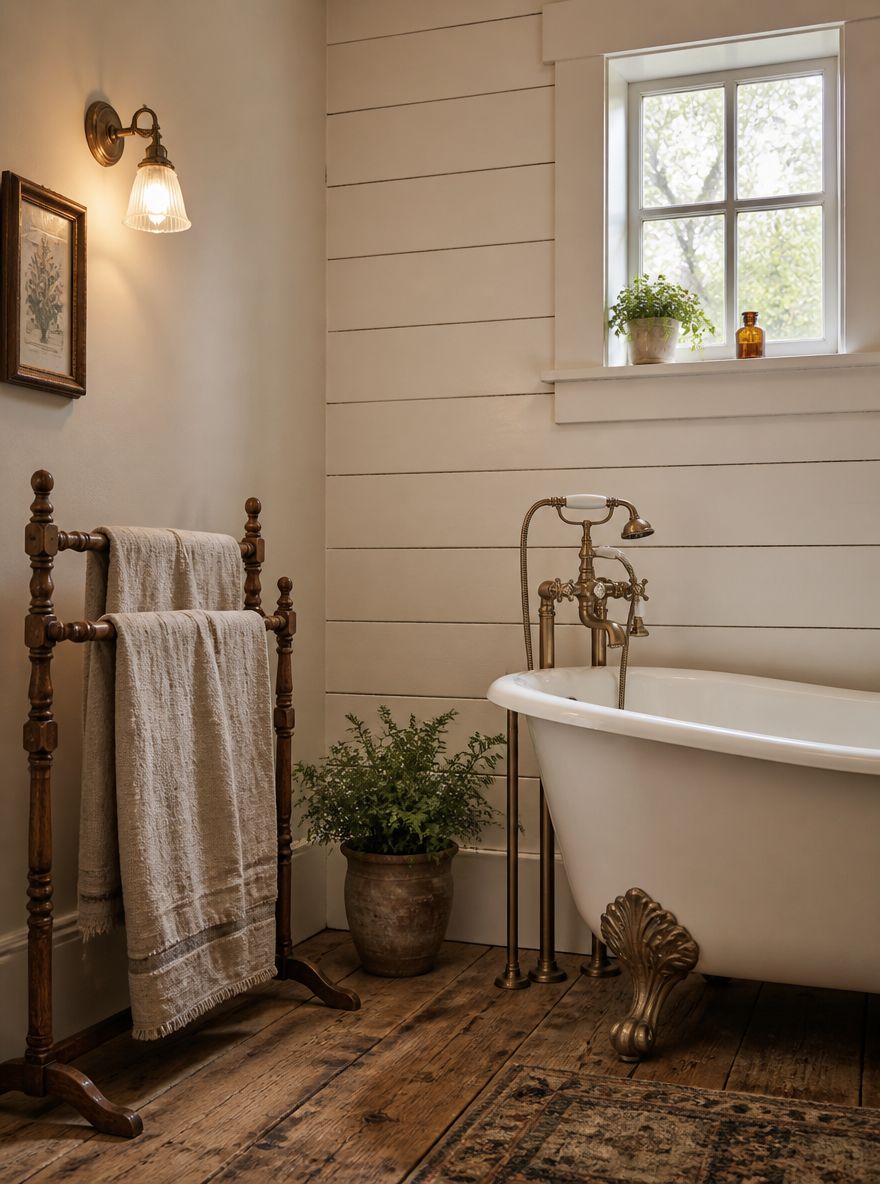 Clawfoot tub corner with floor-mount brass filler