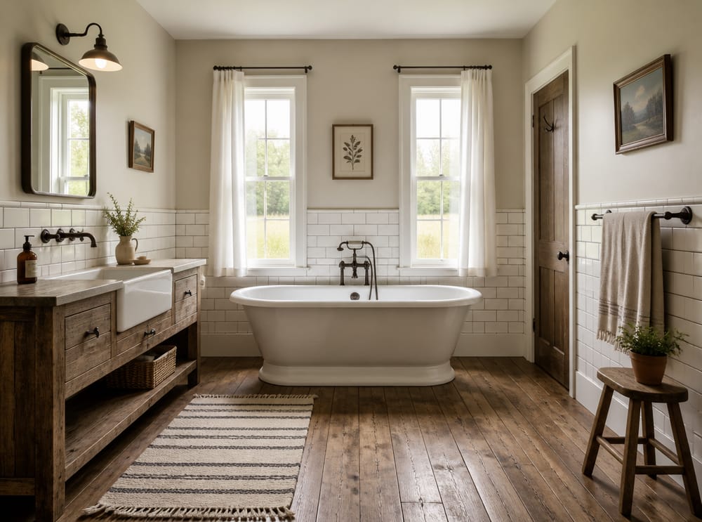 Pedestal tub flanked by cotton-curtained windows