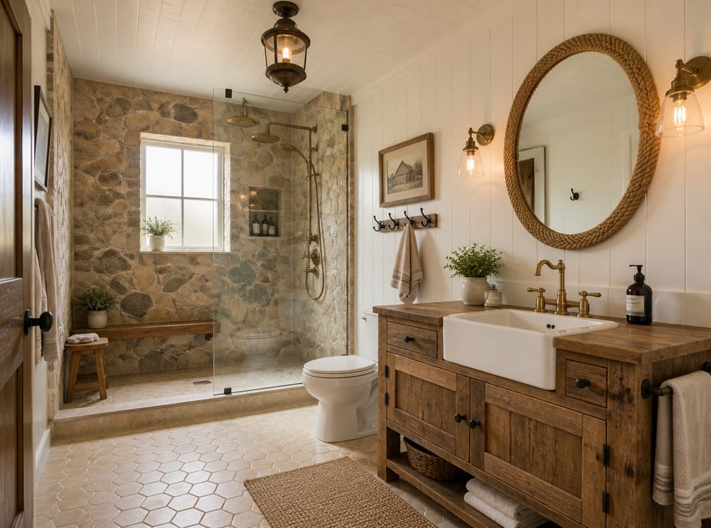 Fieldstone shower with rope-frame mirror opposite