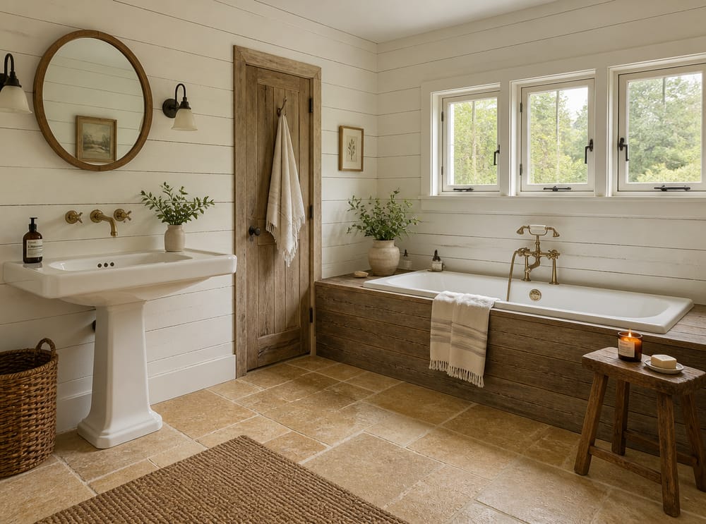 Platform soaking tub beneath a row of casement windows