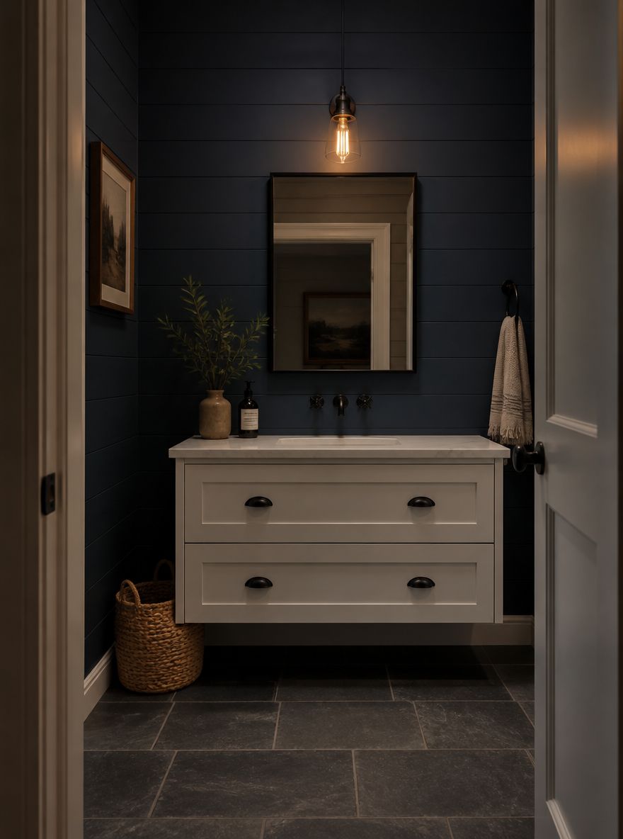 Navy shiplap with matte black fixtures and slate floor