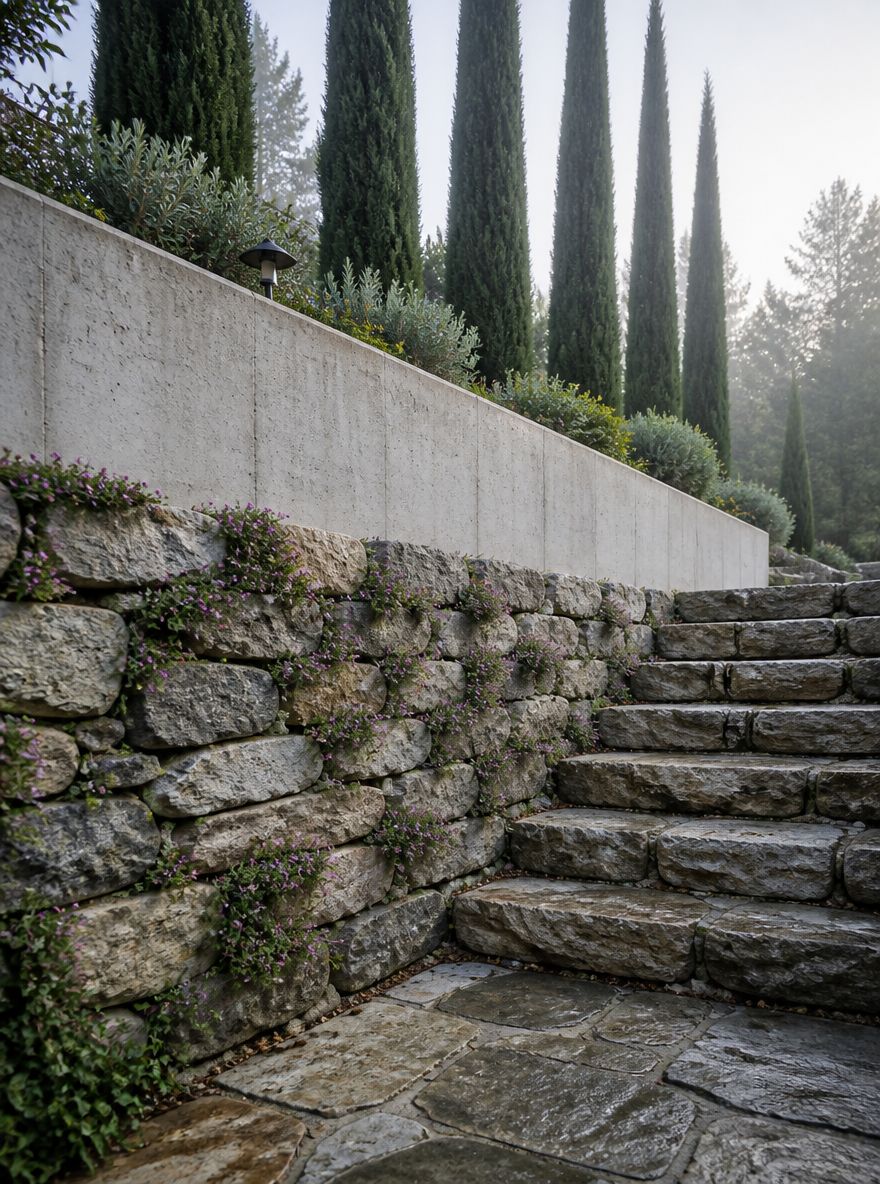 Muretto a due livelli in pietra naturale e cemento