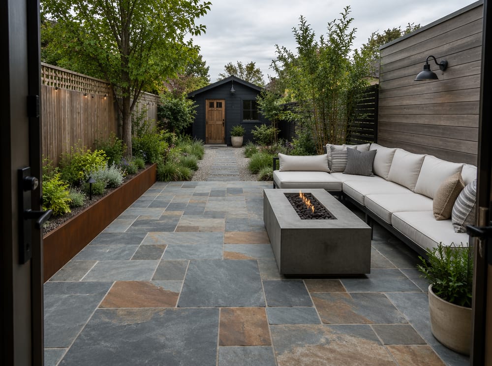 Patio in pietra blu con aiuola bordata in corten
