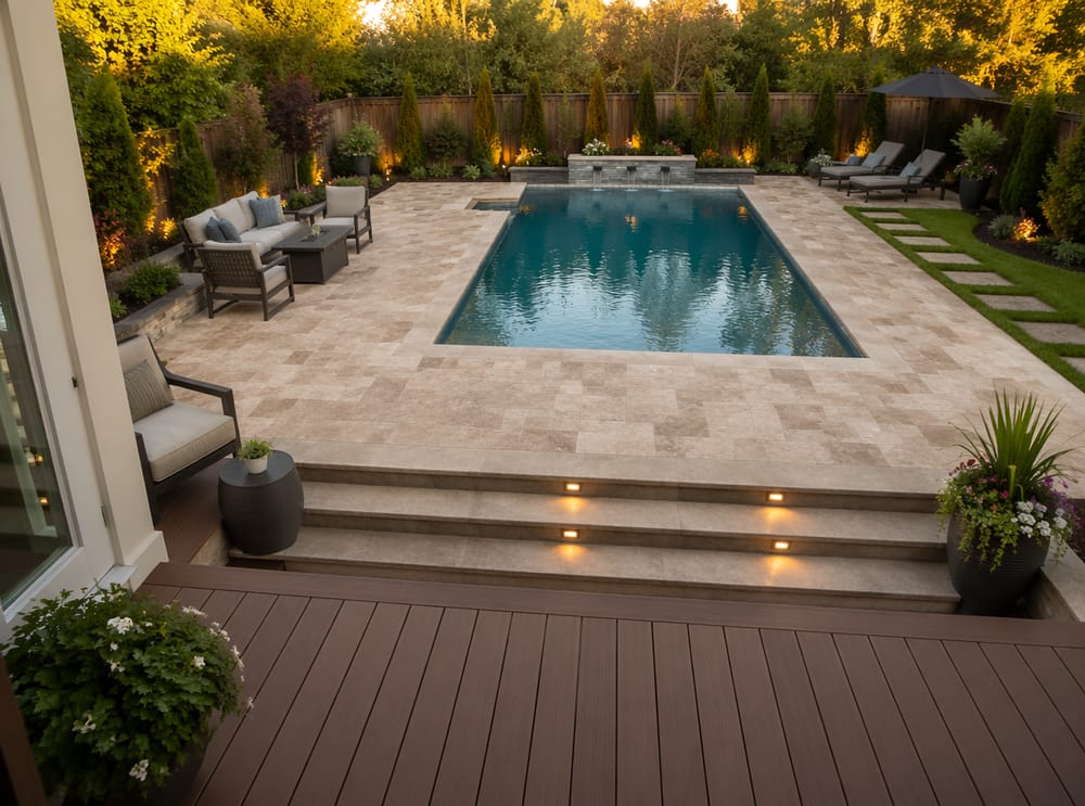 Deck che scende verso la pavimentazione in travertino della piscina