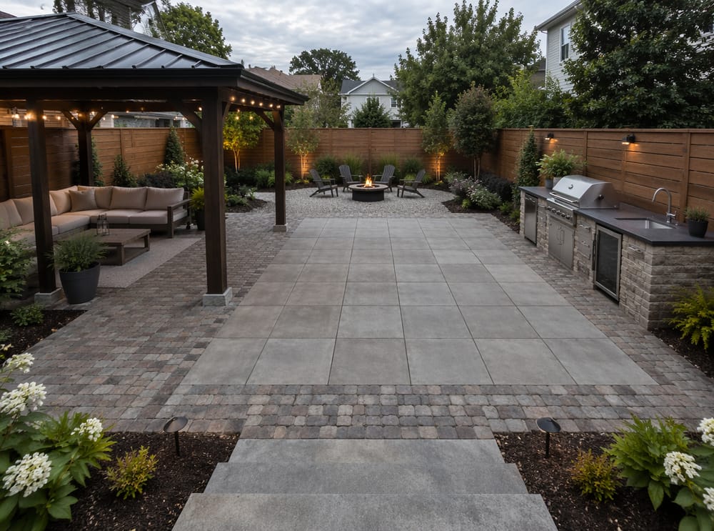 Patio in materiali misti con pergolato e cucina all’aperto
