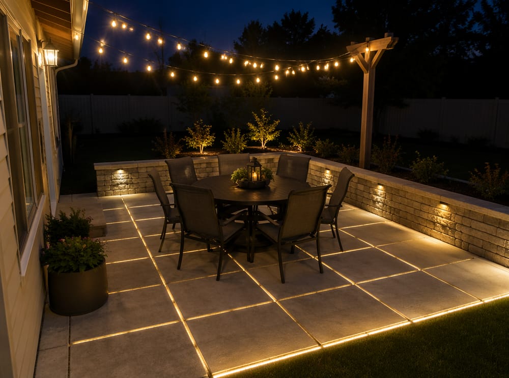 Giochi di luce LED tra autobloccanti e fili luminosi al tramonto