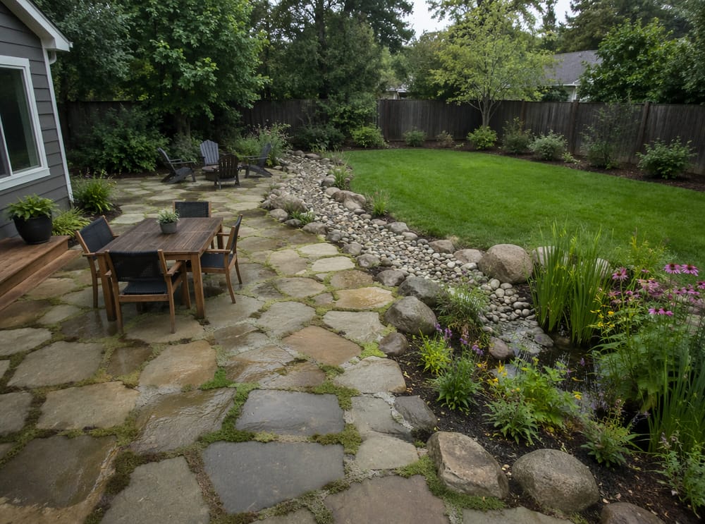 Patio in pietra con letto di torrente asciutto in diagonale