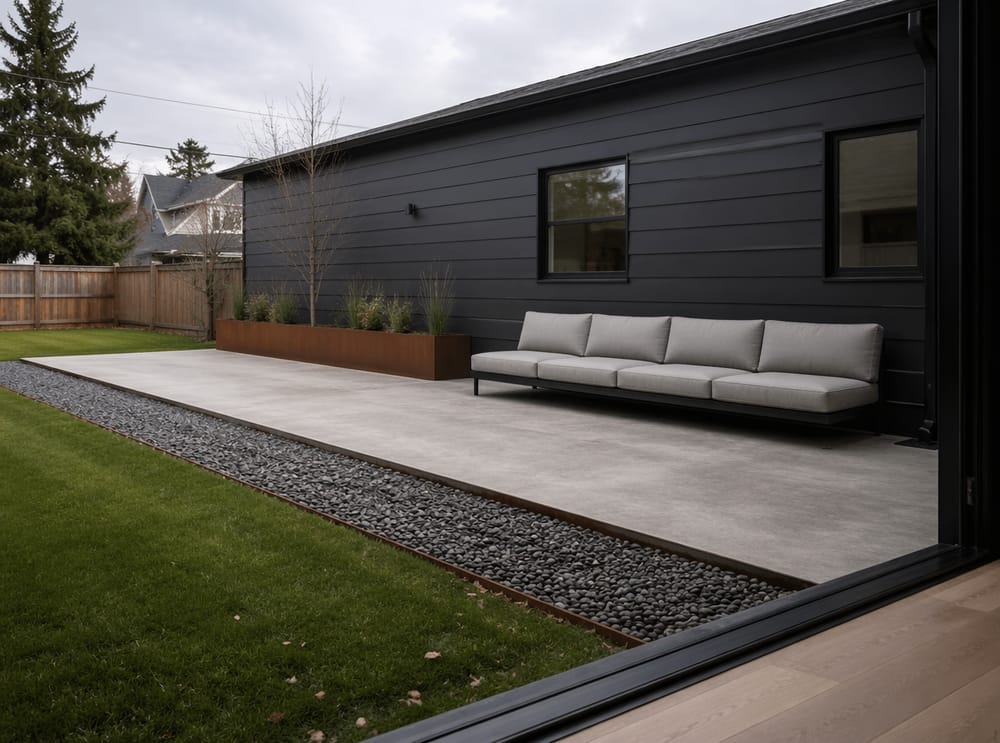 Patio lineare in cemento lungo tutta la casa