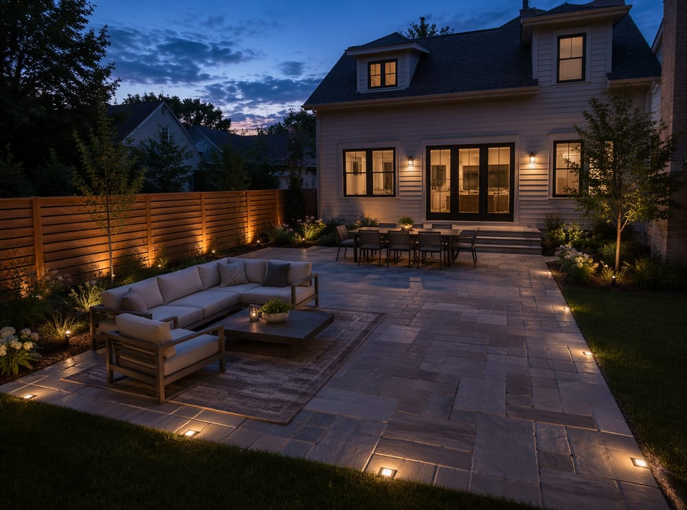 Patio in pietra blu con due zone distinte all’ora blu