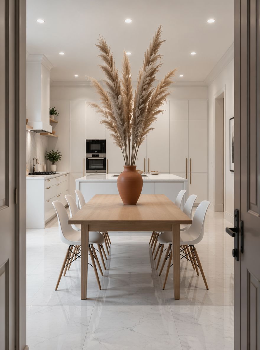 Jarrón alto de terracota con pampas, cocina blanca