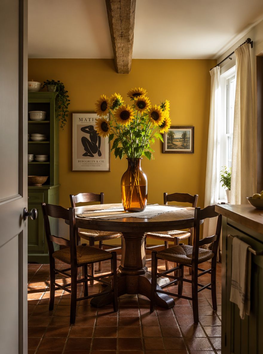 Jarrón de vidrio ámbar con girasoles, pared mostaza