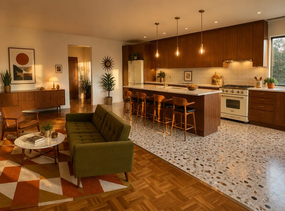 Valnötsskåp och terrazzoplattor i en mid-century-plan