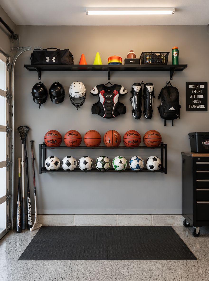 Pared para equipamiento deportivo con rack de pelotas y ganchos para cascos
