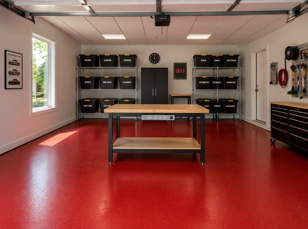 Suelo de epoxy rojo con banco de trabajo central independiente