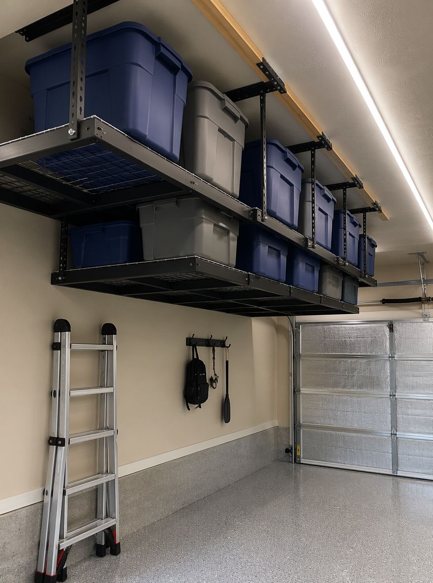 Racks montados en el techo con cajas de temporada etiquetadas