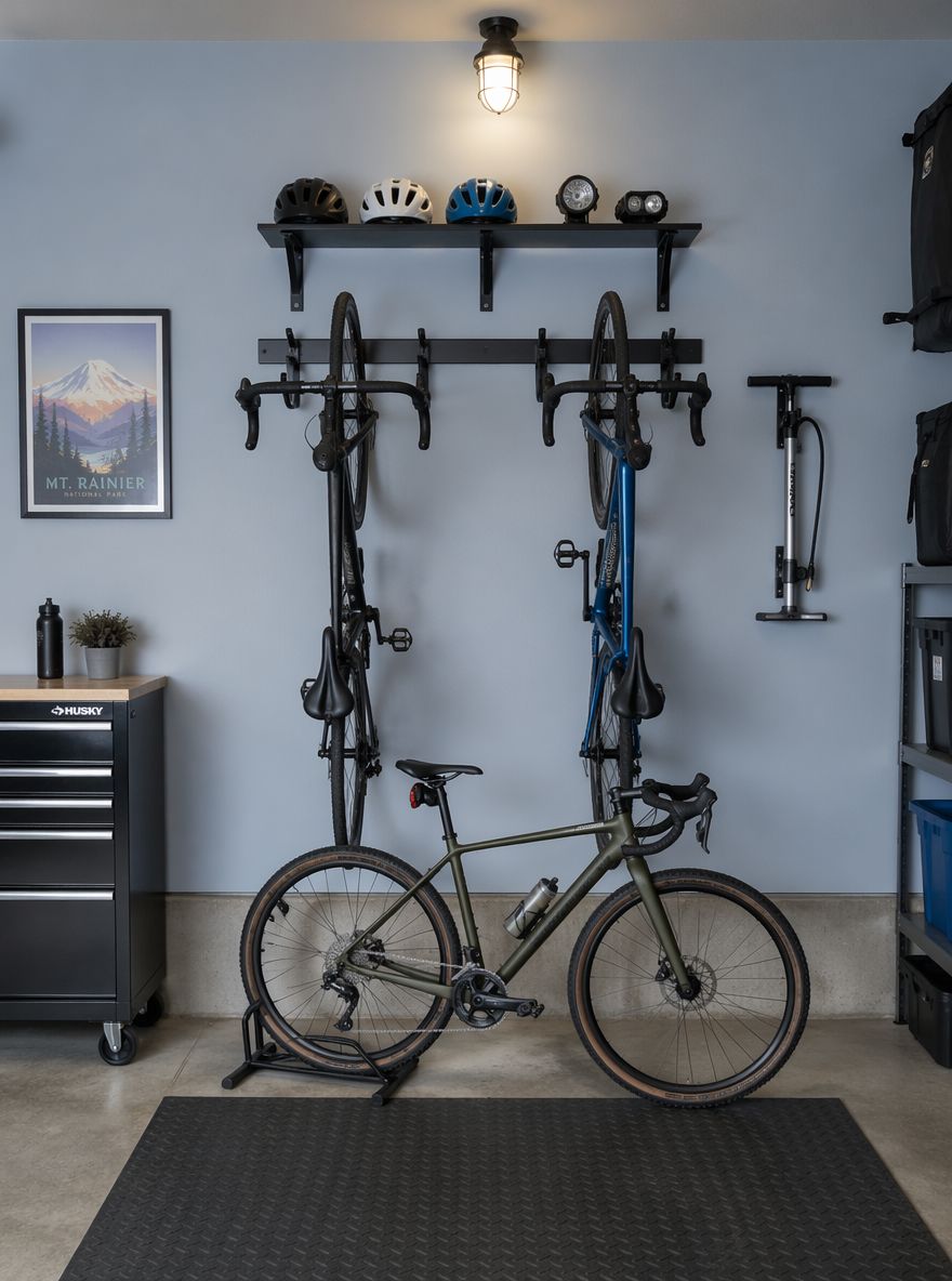 Zona mural para tres bicicletas con repisa superior para cascos