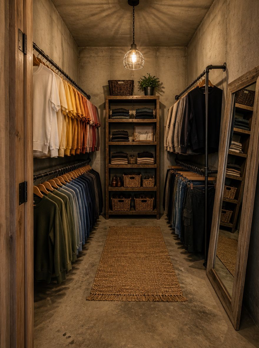 Closet de tubo con repisas recuperadas sobre losa de concreto