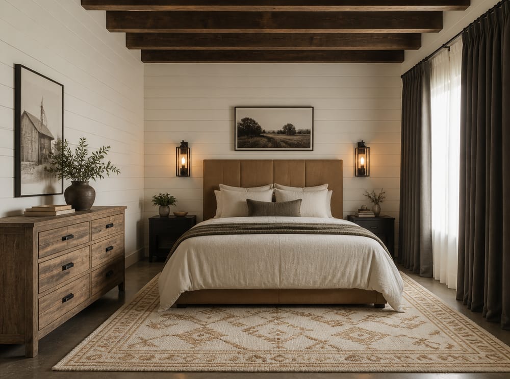 Cabecera de lino camel entre apliques sobre pared de shiplap