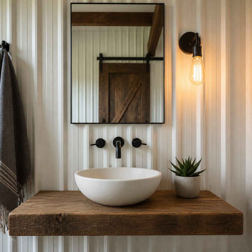 Lavabo sobre repisa recuperada junto a pared de acero corrugado