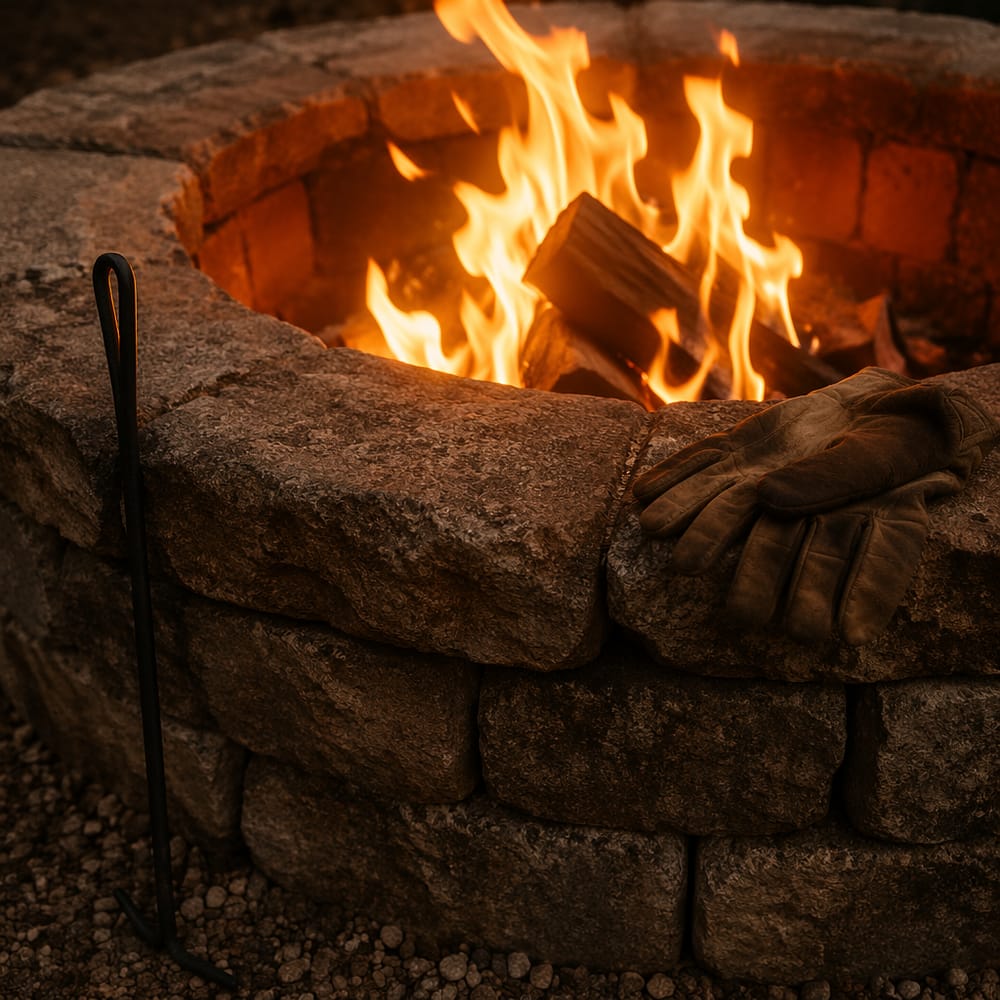 Borde de anillo de piedra con fuego activo en primer plano