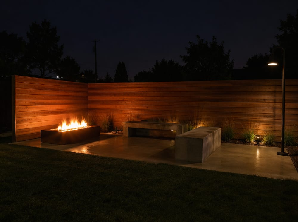 Fogata cuadrada de acero corten sobre base de concreto