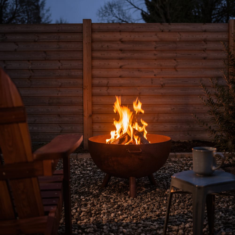 Fogata tipo tazón de corten junto a una silla Adirondack