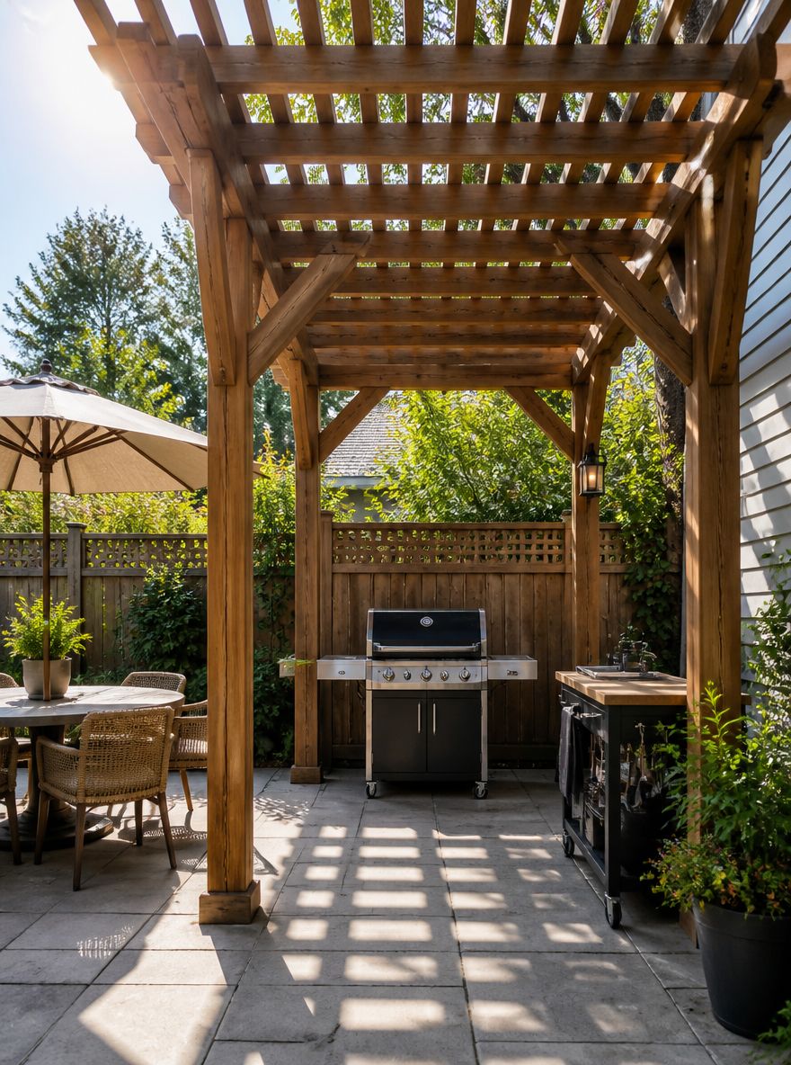 Træpergola indrammer grillstationen nedenunder