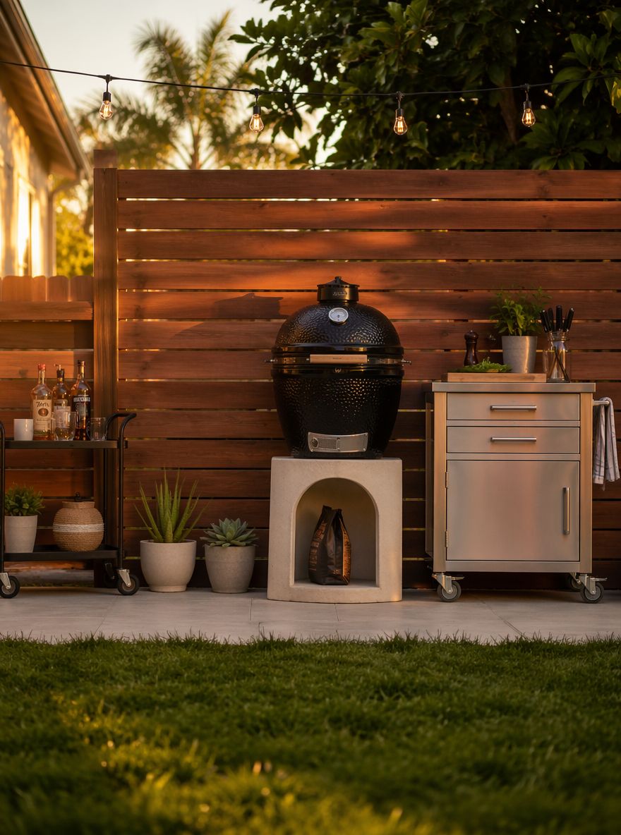 Kamado-grill mod trælamelhegn