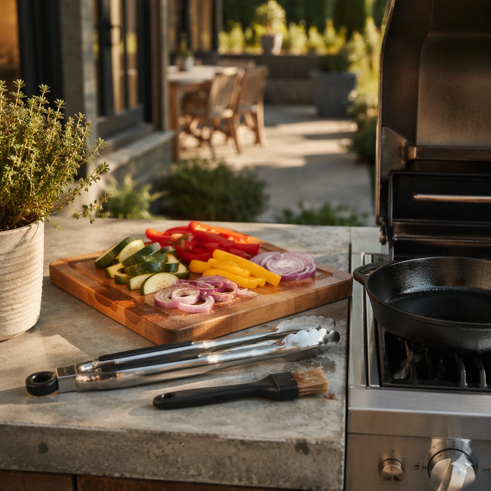 Køkkenbord ved siden af tændt grill