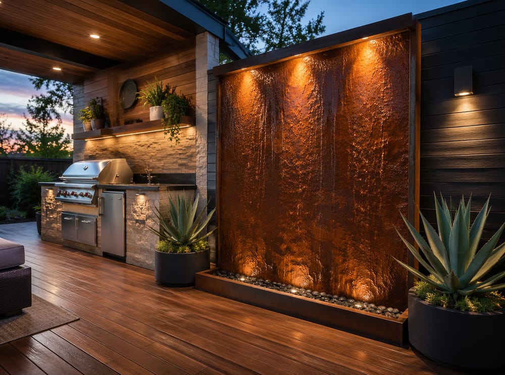 Cascada de panel de acero corten junto a cocina exterior
