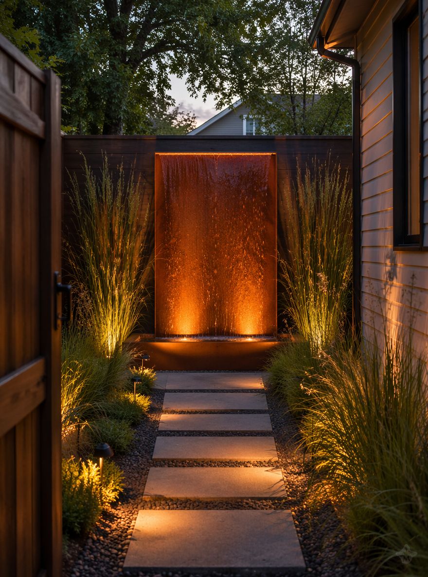 Cascada lineal de corten a ras con iluminación cálida vespertina