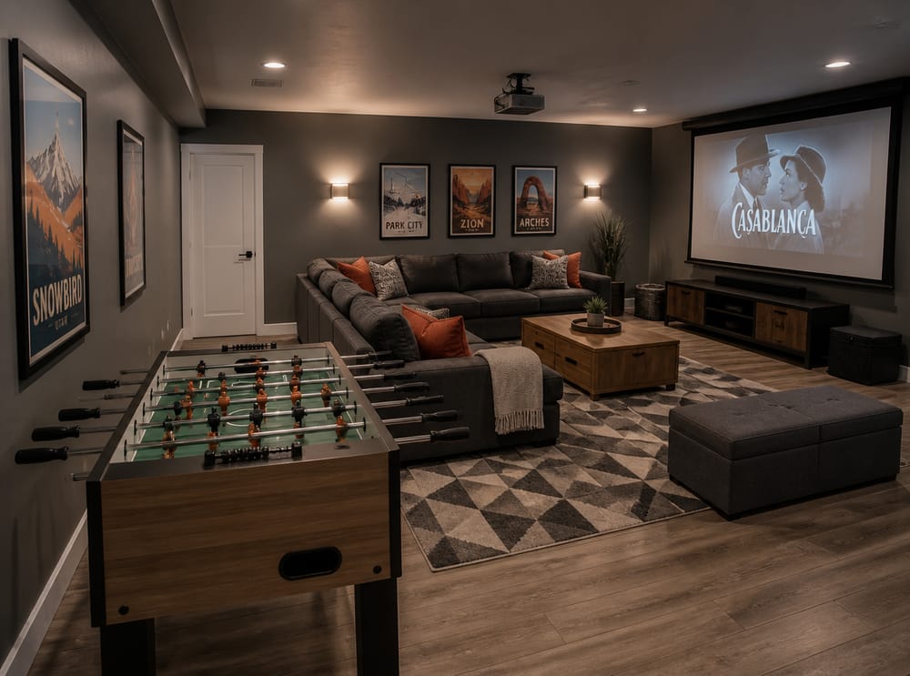 Mesa de futbolito al frente, pantalla de proyector en la pared del fondo