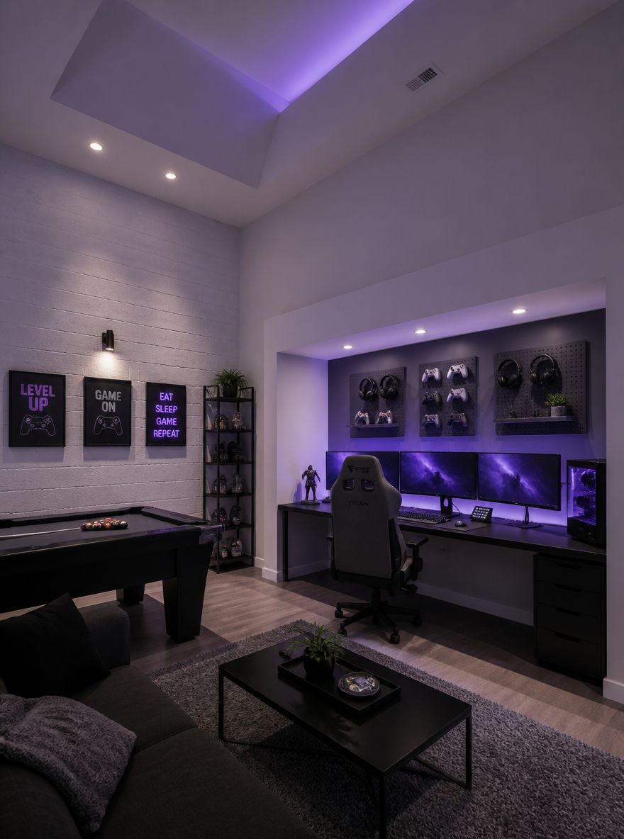 Alcoba gamer con tres monitores y almacenamiento para controles en panel perforado