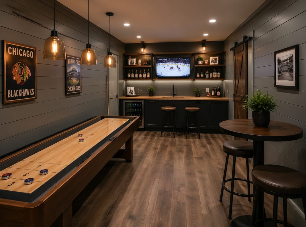 Mesa de shuffleboard junto a la pared, bar húmedo y televisor al fondo