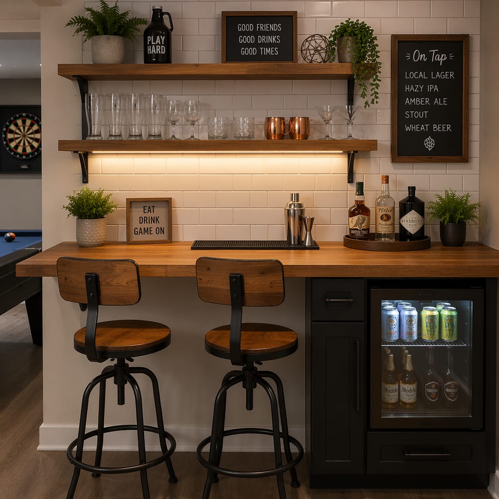 Bar flotante de madera maciza con estantería abierta arriba