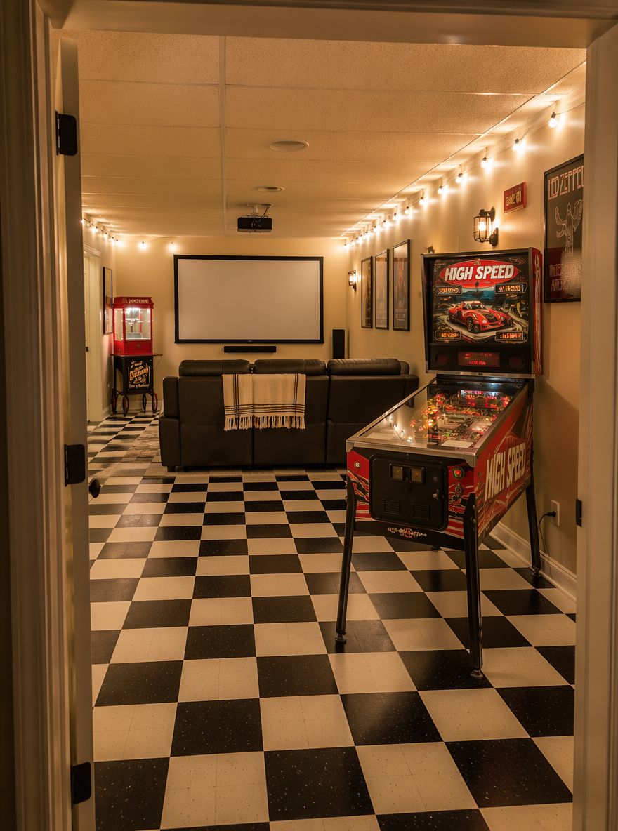 Máquina de pinball en la entrada, pantalla de proyector al fondo