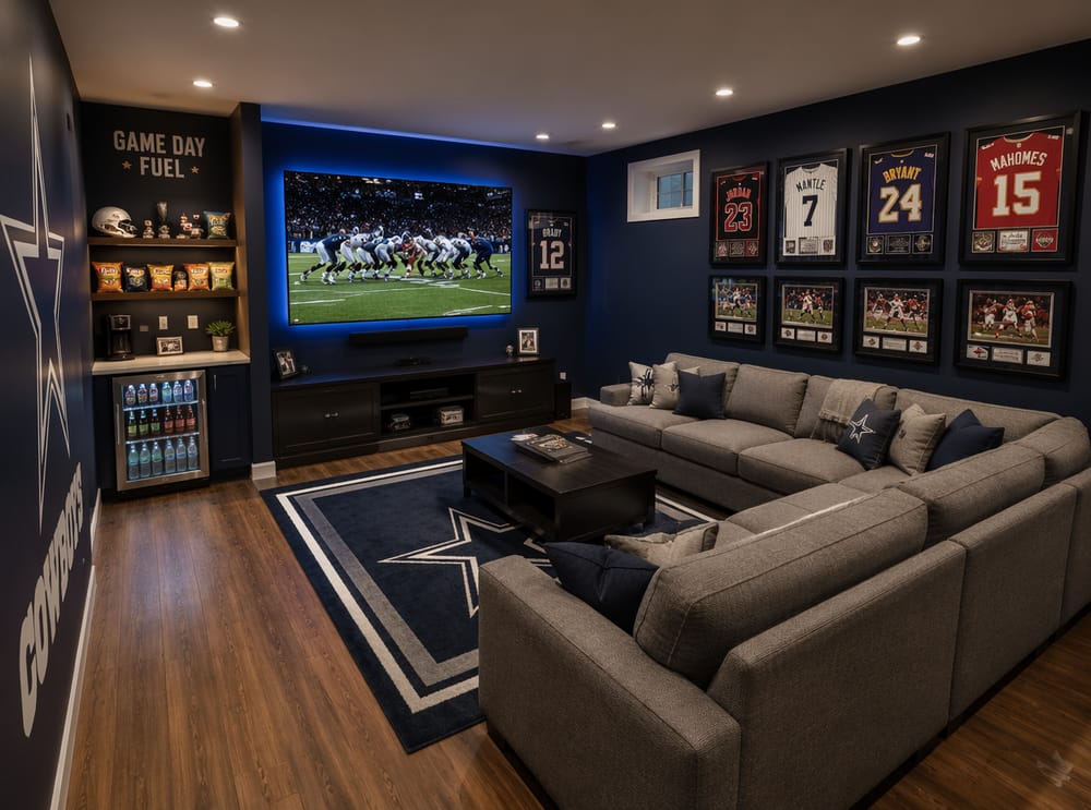 Sofá curvo frente al televisor, pared de memorabilia deportiva en cuadrícula