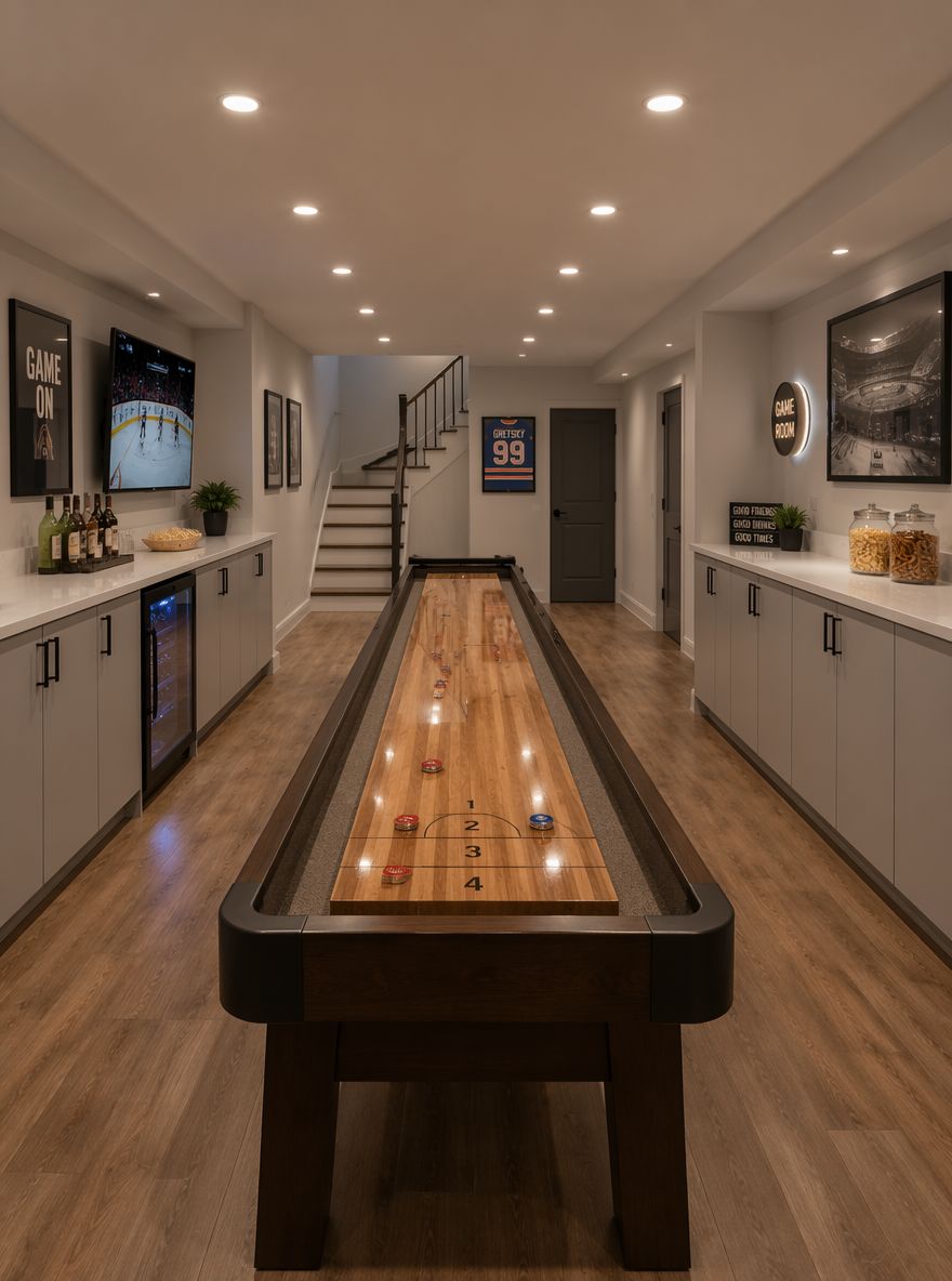 Mesa de shuffleboard centrada, gabinetes empotrados a ambos lados