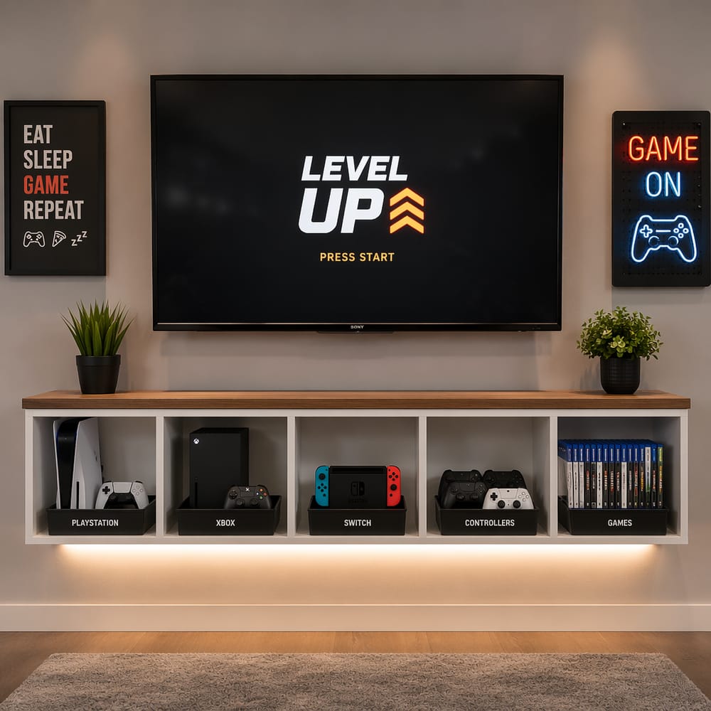 Mueble multimedia flotante con compartimentos y LEDs debajo