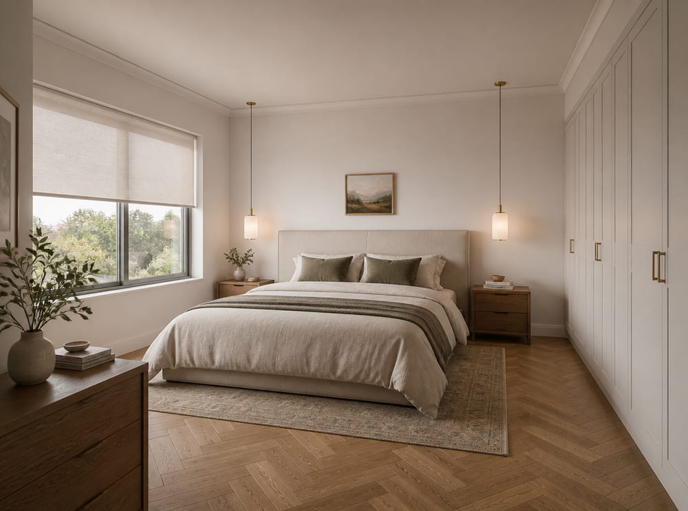 Hanglampen naast linnen hoofdbord van een kingsize bed