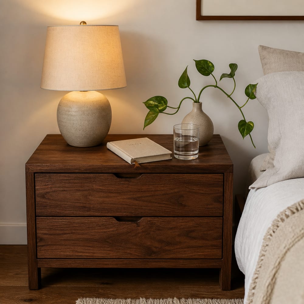 Notenhouten nachtkastje met keramische lamp