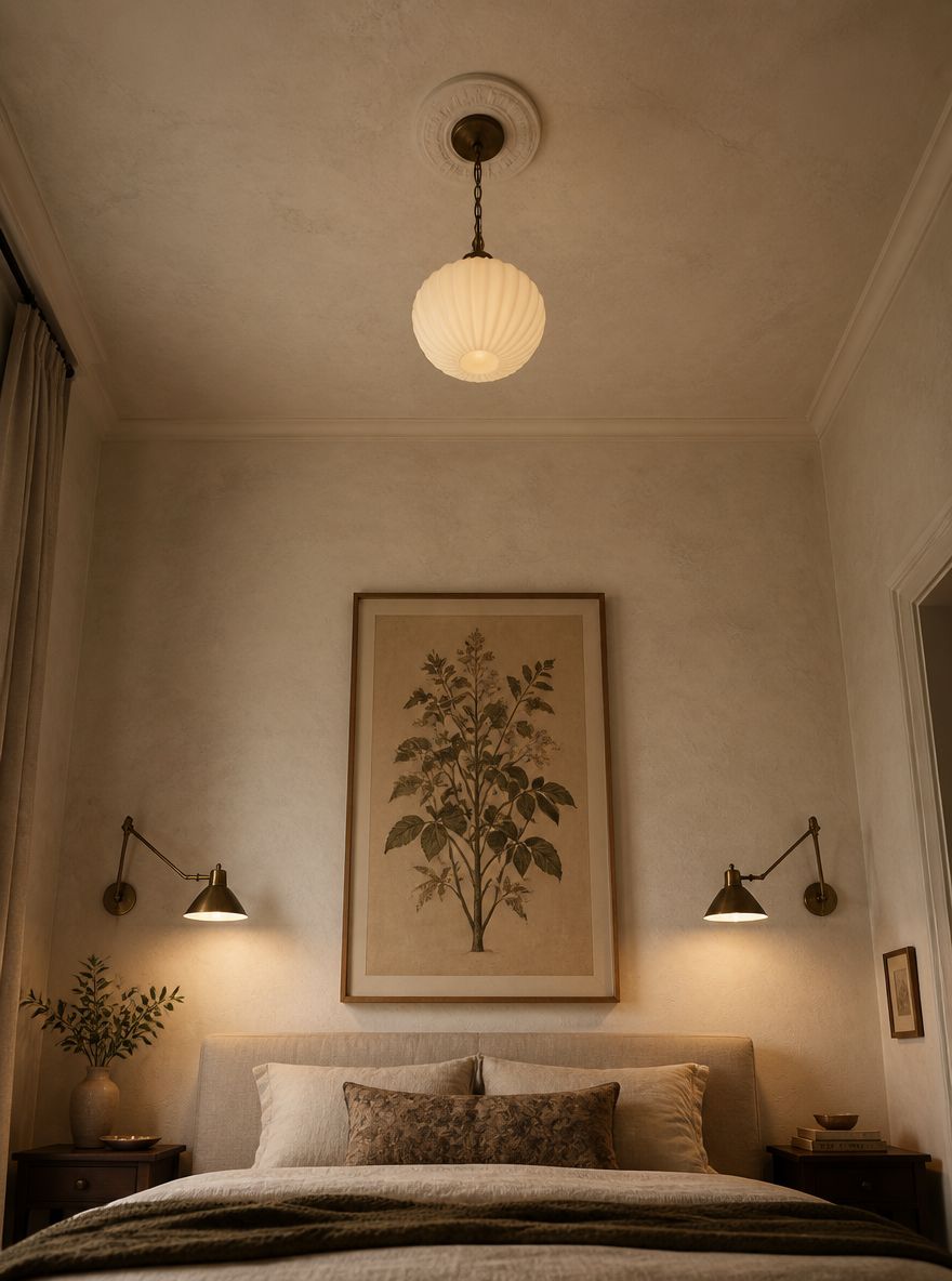 Wandlampen met zwenkarm, botanische print boven hoofdbord