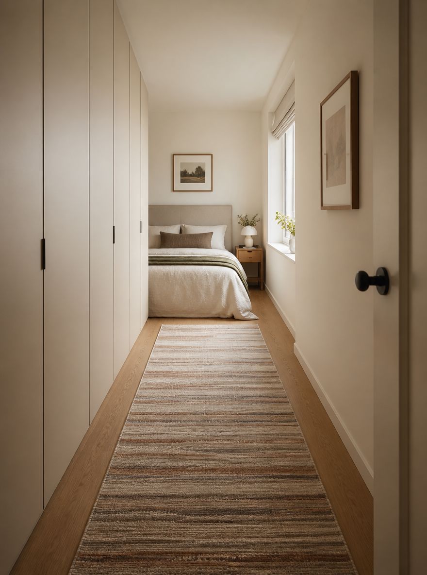 Smalle kamer met loper tot aan het bed