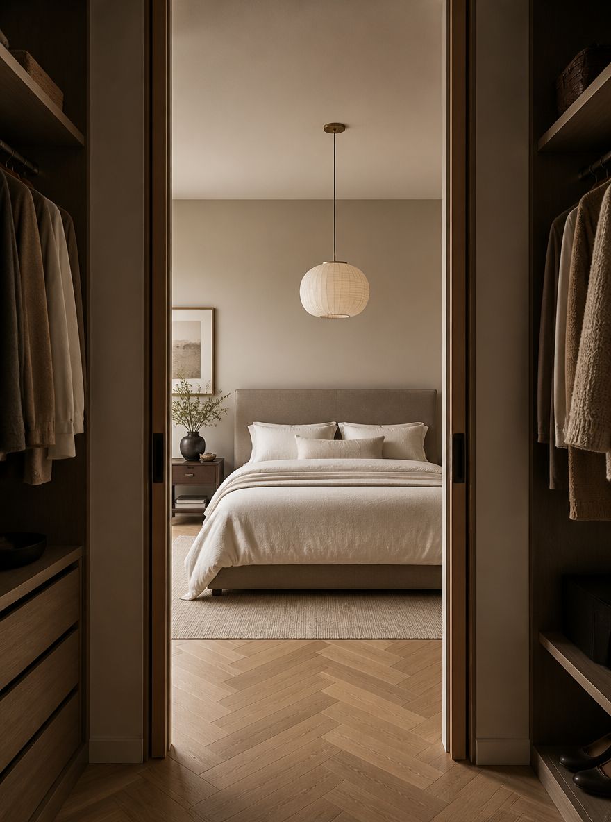 Bed gezien door deuropening, hanglamp gecentreerd erboven