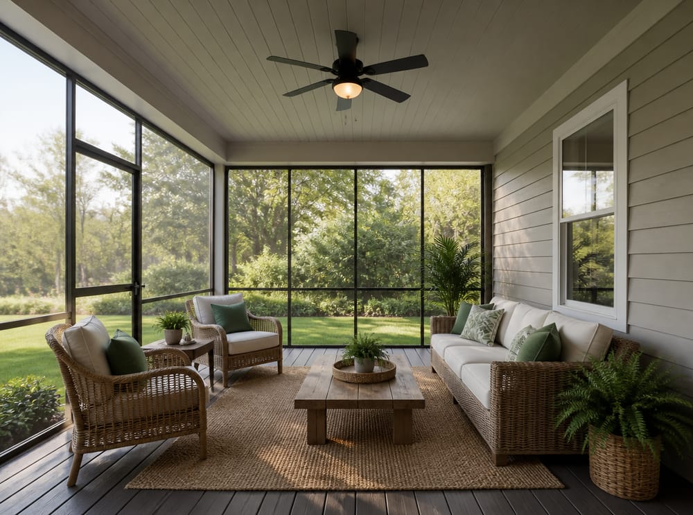 Patio cerrado con ventilador de techo y sillones de ratán