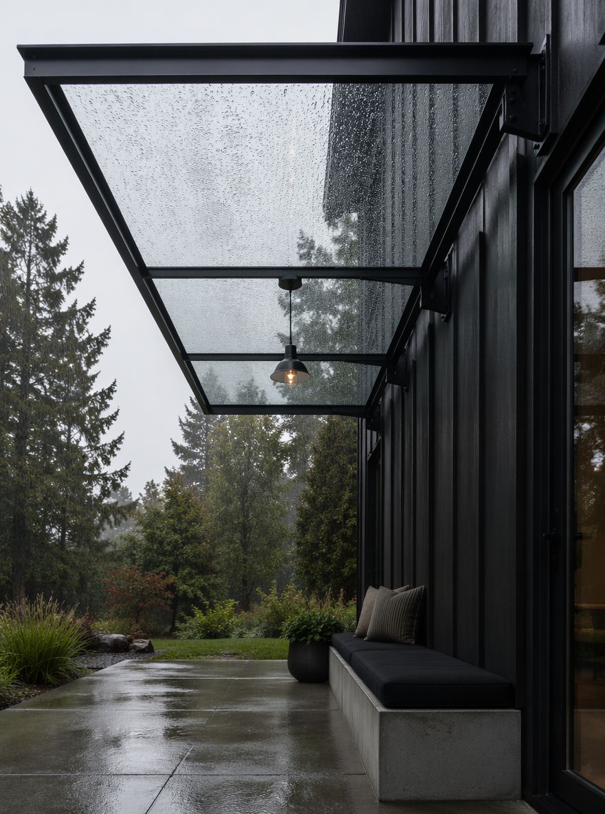 Toldo de vidrio con gotas de lluvia y banco de hormigón debajo