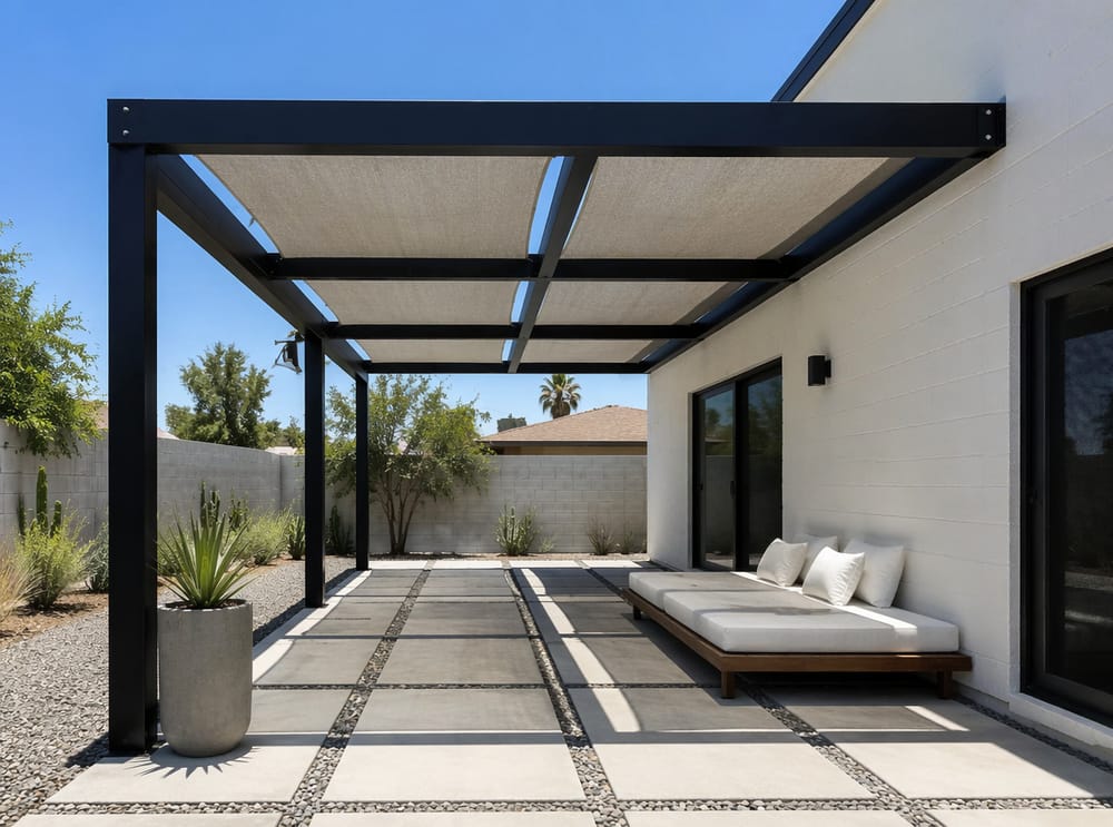 Estructura de acero negro con toldos de vela y cama plataforma