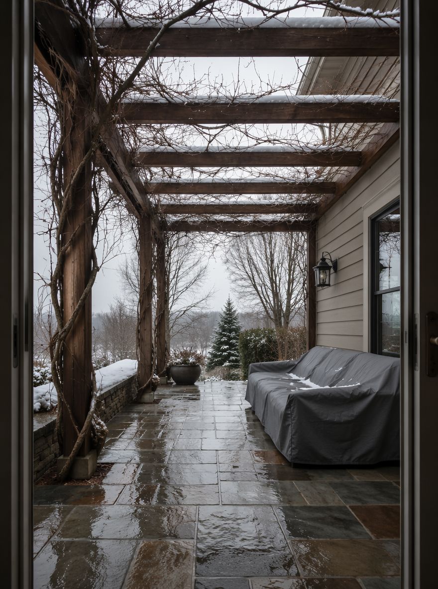 Pérgola descubierta con nieve sobre las vigas en invierno