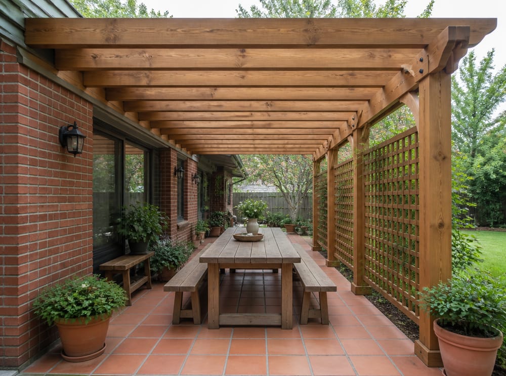 Pérgola de madera con paneles de celosía laterales